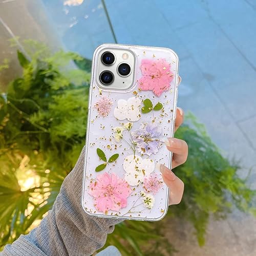 Vista 4 de Abbery Funda transparente para iPhone 11 Pro Max con brillo dorado, diseño de flores blancas y rosas, TPU suave, goma flexible, prensada, seca, Flor