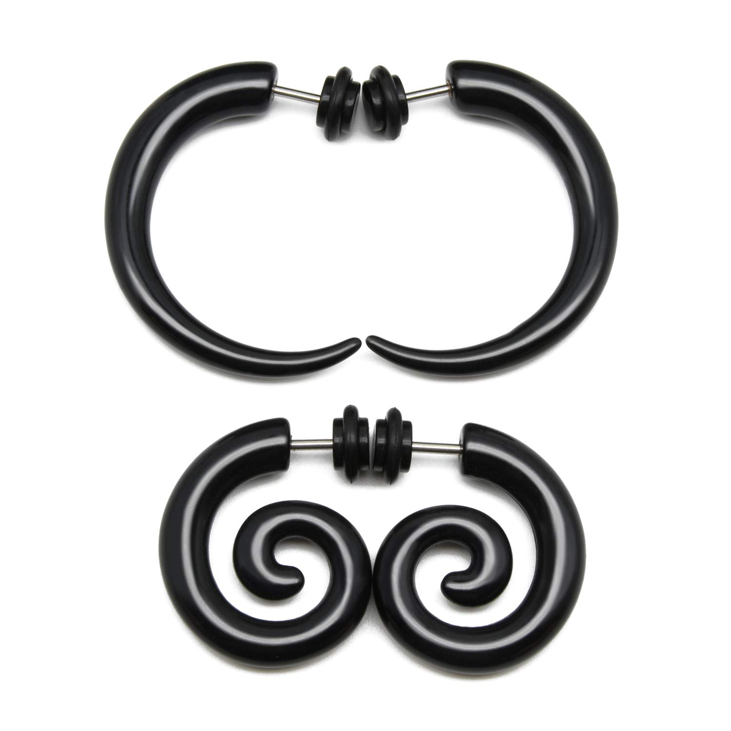 Funseedrr 2 Pares de Acrílico Trampa Falsificada Oreja Ensanchador Pendientes Negros Studs Expansor de Oído Espiral Plug Túnel 16Gauge