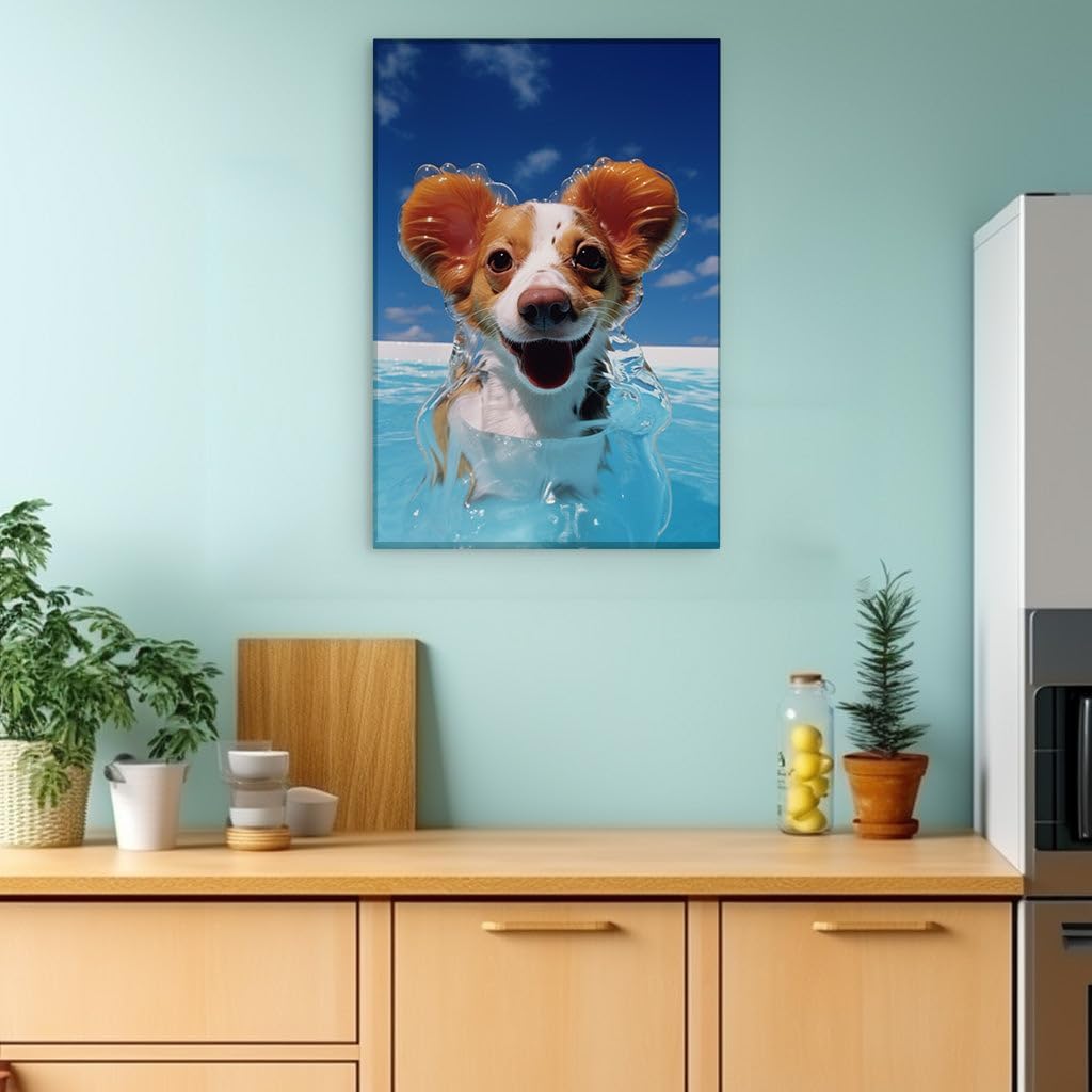 Canvas for Living room. Puppy Paddle Paradise - Joy Unleashed in a Cool Blue Oasis, 27 x 18 inch Canvas Wall Art - Cavalier King Charles Spaniel - Modern Home Decor - 69x46 cm (27x18 inch)