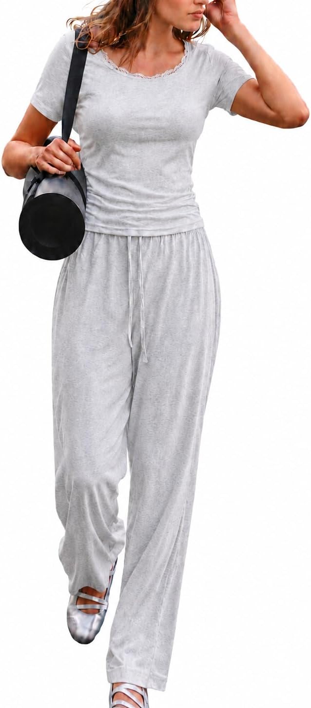 2 Piece Women's Lounge Set Lace Wide Leg Pants Casual Tracksuit Outfits