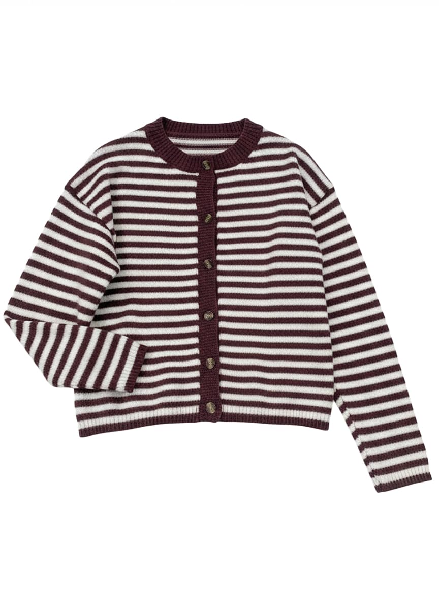 GORGLITTER Womens Striped Button Up Fall Cardigan 2025 Dressy Cozy Long Sleeve Crewneck Fall Fashion Knitwear Tops