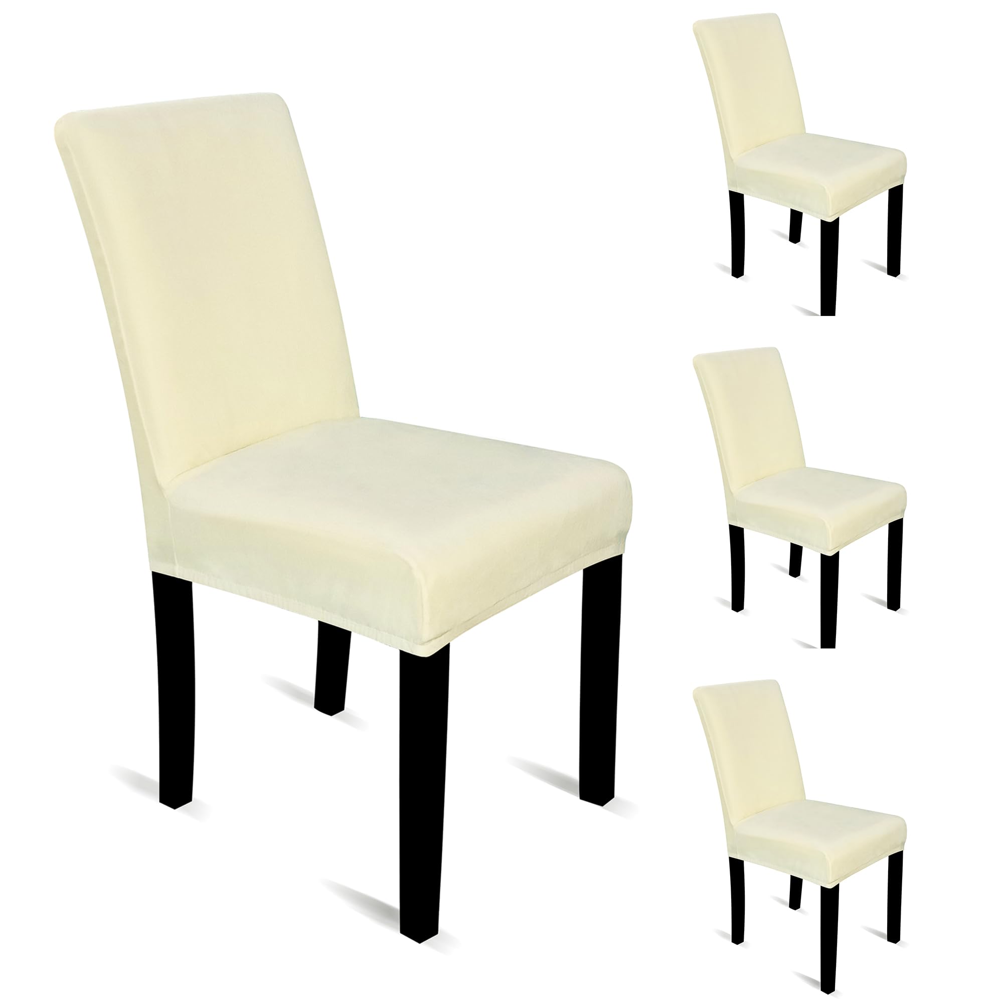 Velvet Dining Chair Covers Stretchable Spandex High Back Dining Chair Slipcovers Removable & Washable Seat Protector for Dining Room, Living Room Wedding, Hotel & Banquet, Ivory, Pack of 4
