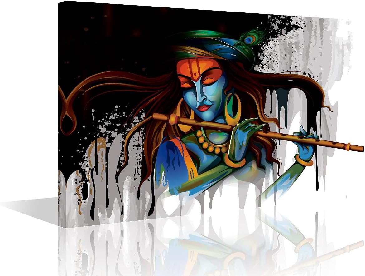 Lord Krishna Pictures for Living Room Deity Wall Paintings Hinduism Canvas Wall Art 1 Piece Modern Artwork Home Decor for Bedroom Giclee Wooden Framed and Stretched Ready to Hang (12''Wx 18''H)