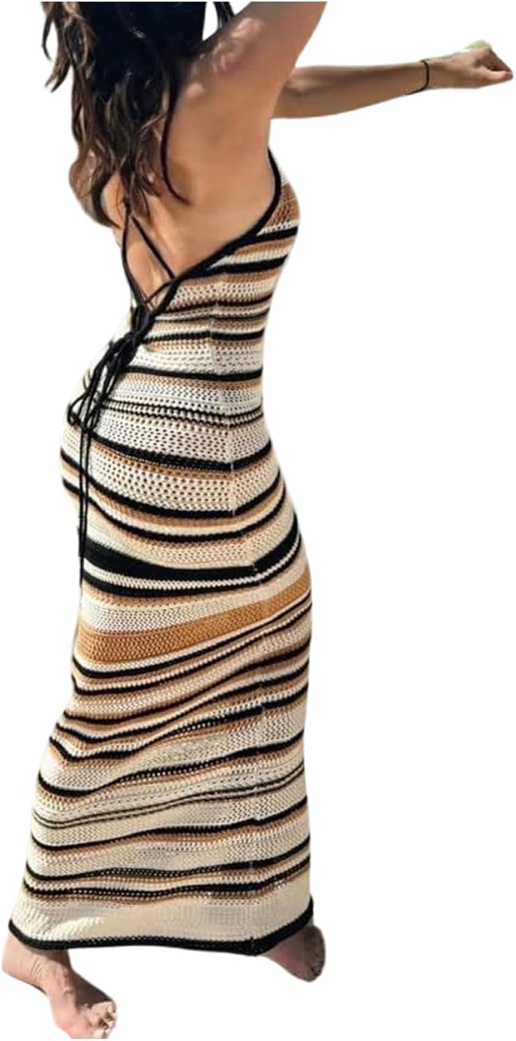 GORGLITTER Women's Crochet Halter Bodycon Maxi Dress Backless Striped Casual Summer Beach Hawaiian Sundresses Classy - Image 5