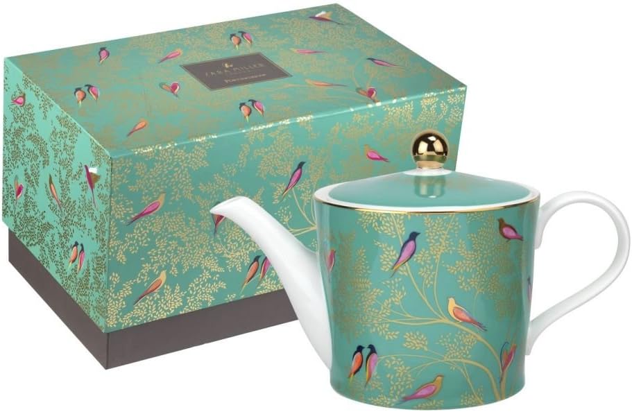 Sara Miller London Chelsea Collection 2 Pint Teapot | Green Teapot for Serving Tea and Coffee | Colorful Birds Design | Made from Fine Porcelain | Handwash Only