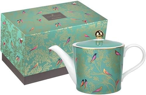 Sara Miller London Chelsea Collection - Tetera de 2 pintas Tetera verde para servir té y café Diseño de pájaros coloridos Hecho de porcelana