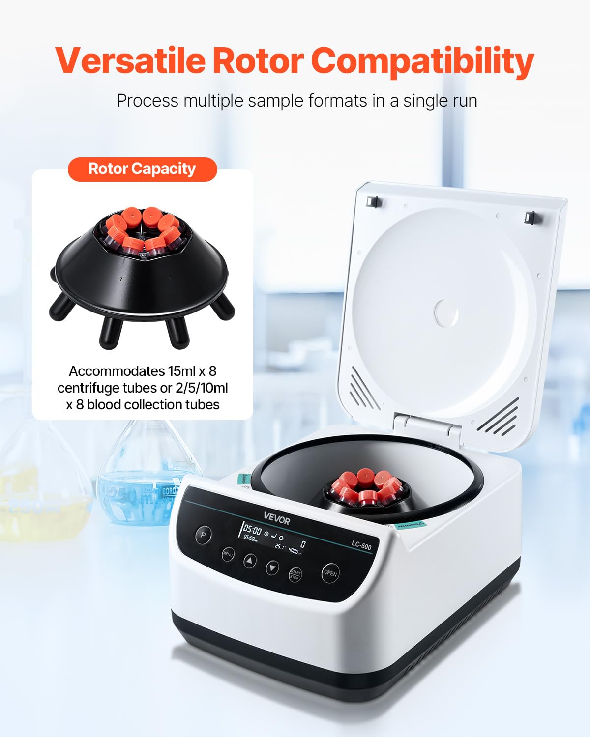 VEVOR Centrifuga da Laboratorio Elettrica 100-1900 xg RCF con Rotore per Provette da 2/5/10/15 ml, Velocità Regolabile da 500 a 4000 Giri/min, Bassa Rumorosità per Esperimenti di Laboratorio