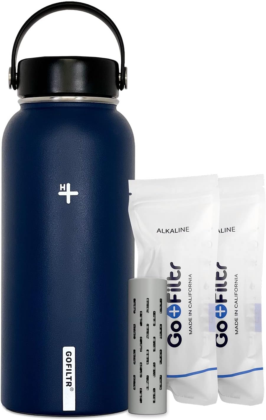 GOFILTR 32 oz Alkaline Water Bottle + 2 Alkaline Water Infusers 9.5 pH/Insulated Water Bottle That Creates Alkaline Water/Sport Water Jug, Color: Denim
