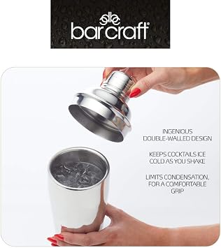 BarCraft Double-Walled Insulated Stainless Steel Cocktail Shaker with Recipe Leaflet, 500 ml (17.5 fl oz)