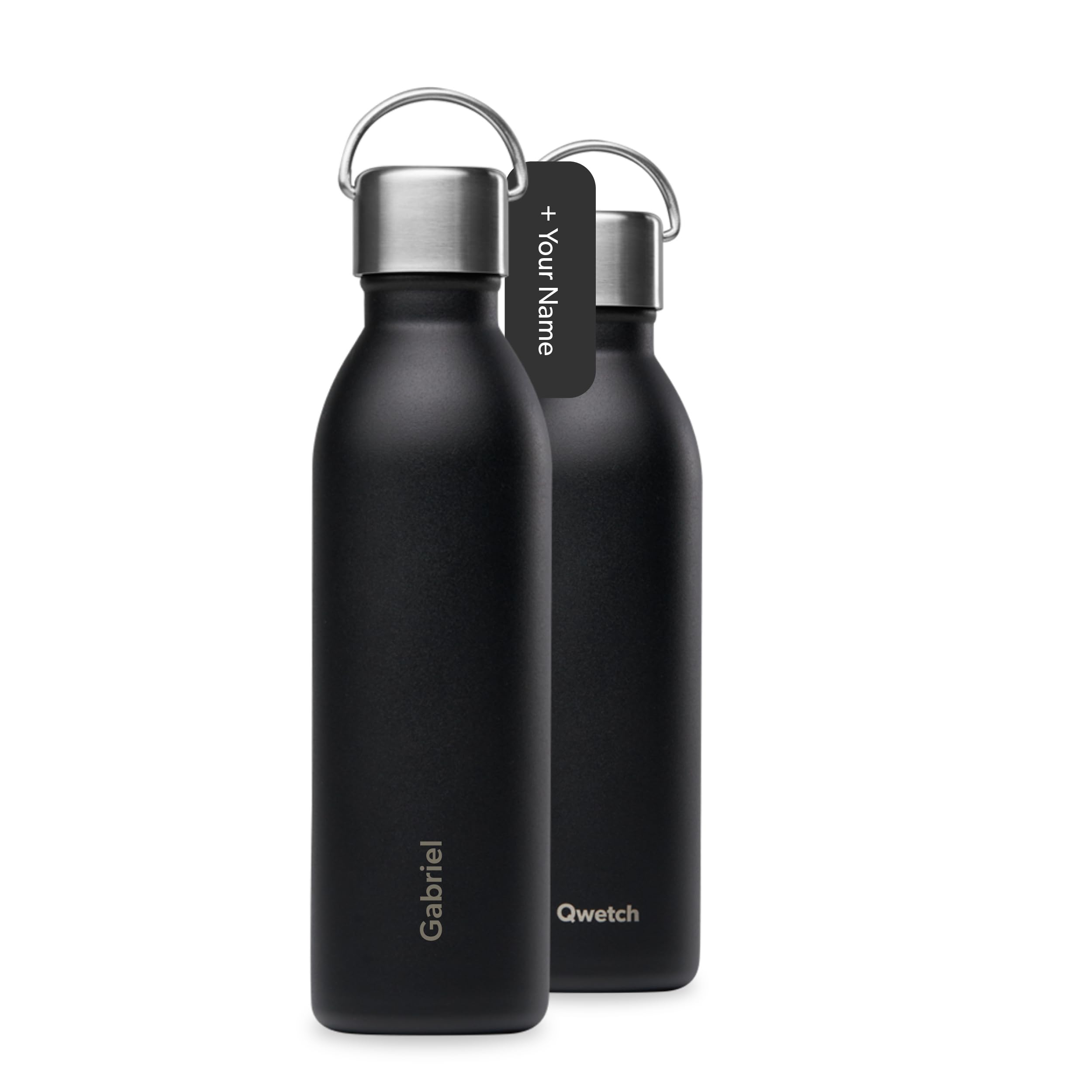 Qwetch - Bouteille Isotherme Personnalisable Noir 600ml - Gourde Prénom Gravé - 24h Froid/12h Chaud - Inox Recyclé - Étanche & Compacte
