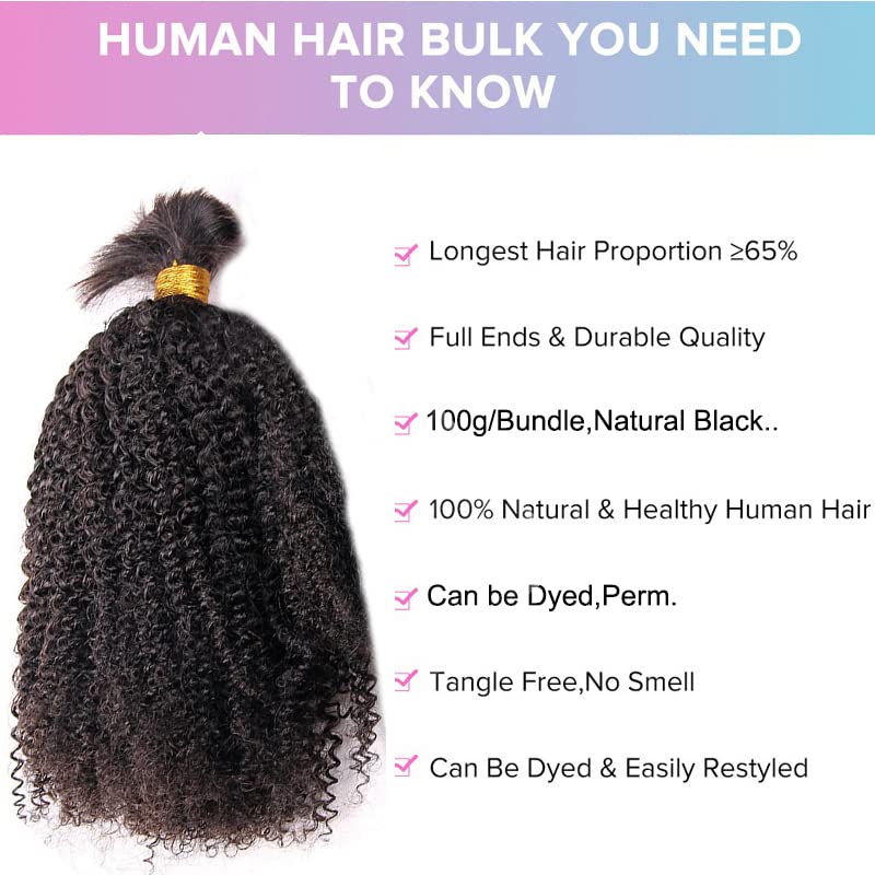 Miniatura 2 de Cabello rizado a granel de 12 pulgadas para trenzar cabello humano, 2 paquetes de cabello virgen 4B 4C a granel, extensiones de tejido de