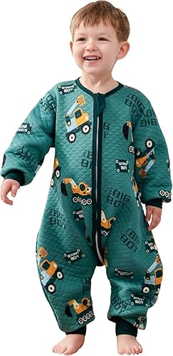 Miniatura 9 de LILBESTIE Saco de dormir para niños pequeños con pies, saco de dormir de algodón de manga larga de 1.5 TOG para todas las estaciones (excavadora,