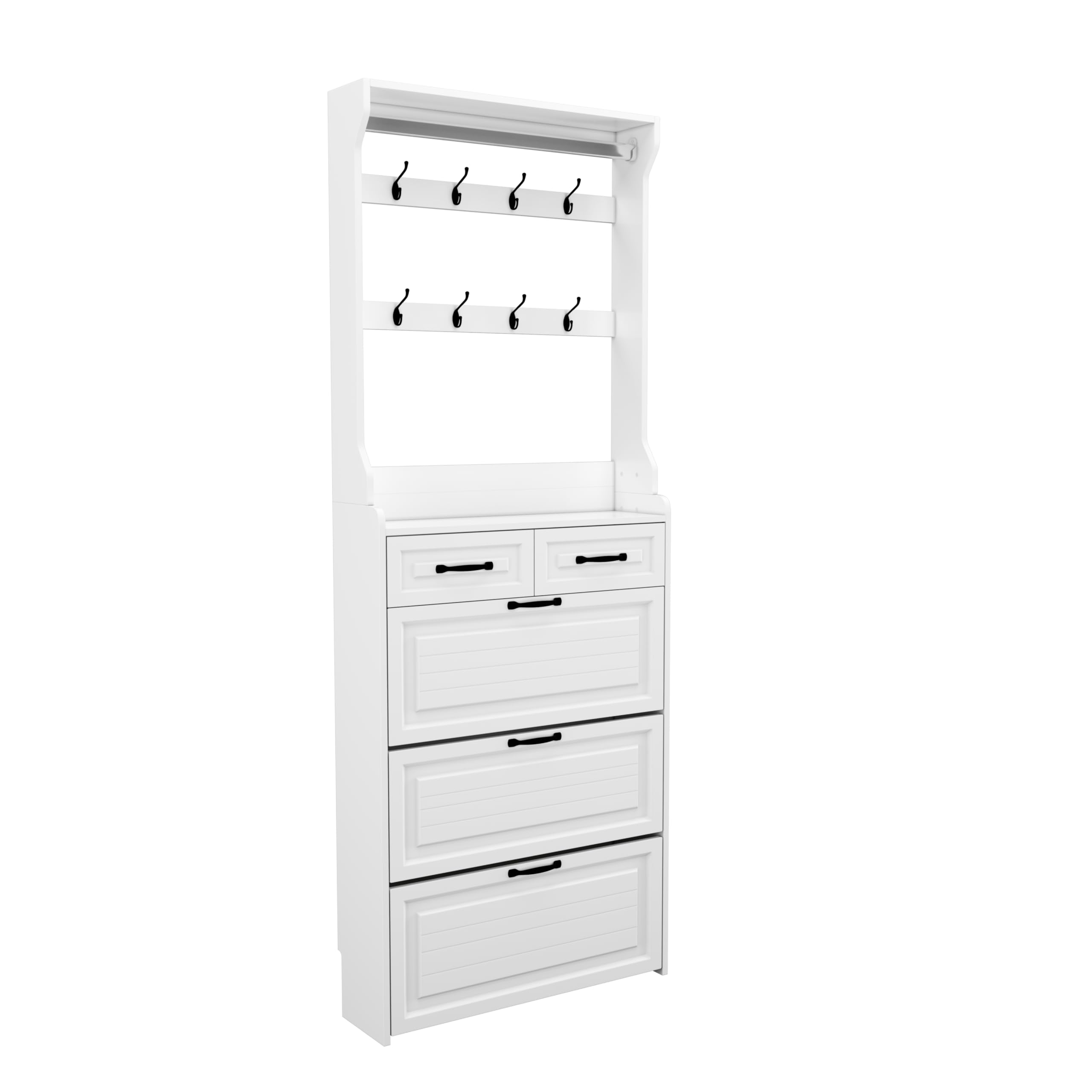 Refined White Shoe Cabinet with Hanger 3 Doors 2 Drawers