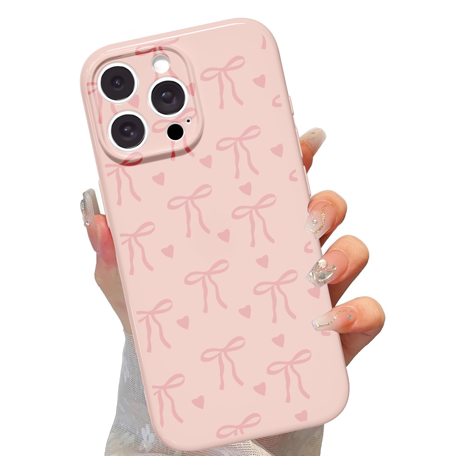 lioscre Cute Bow Phone Case for iPhone 12 Pro 6.1", Aesthetic Pink Heart Ribbon Bowknot Pattern Print Design Women Girly Case Gloss Camera Protective