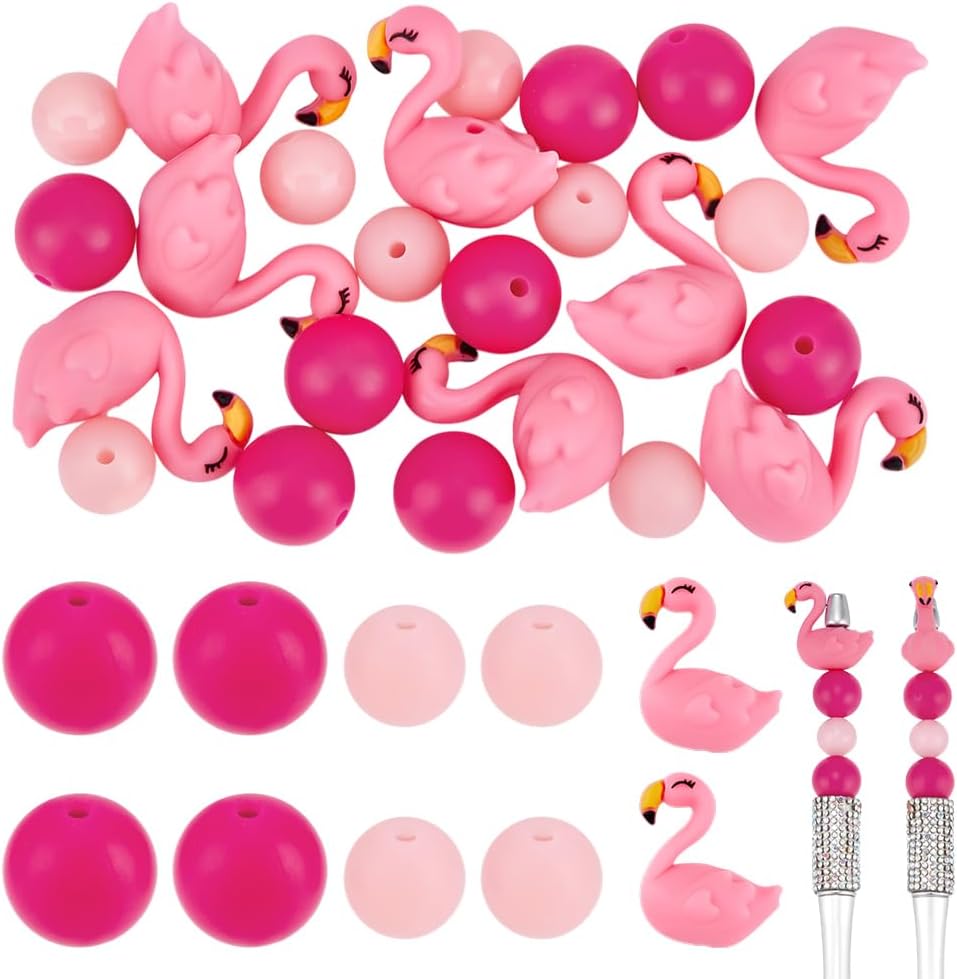 PH PandaHall 24pcs Flamingos Silicone Beads 12/15mm Pink Round Beads 3D Shaped Flamingo Focal Bead Cute Animal Bead for Beadable Pens Lanyards Bracelet Jewelry Making, Hole: 2-3mm