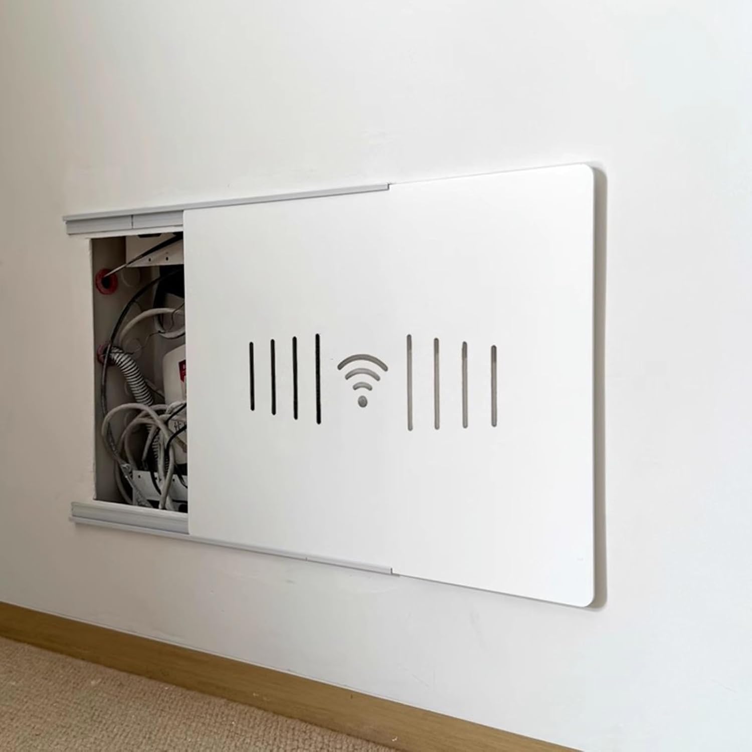 Sliding Fuse Box Cover Cabinet with Self-Adhesive Track, Ultra-Thin Electrical Panel Decorative Lid, Safe Breaker Box Protector, White (60 x 40 cm / 23.6 x 15.7 in)