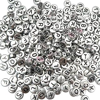 TOAOB 1000pcs Letter Beads Silver Round Acrylic Alphabet Beads 4x7mm ABC Beads with Black Word for DIY Necklace Bracelet Jewellery Making