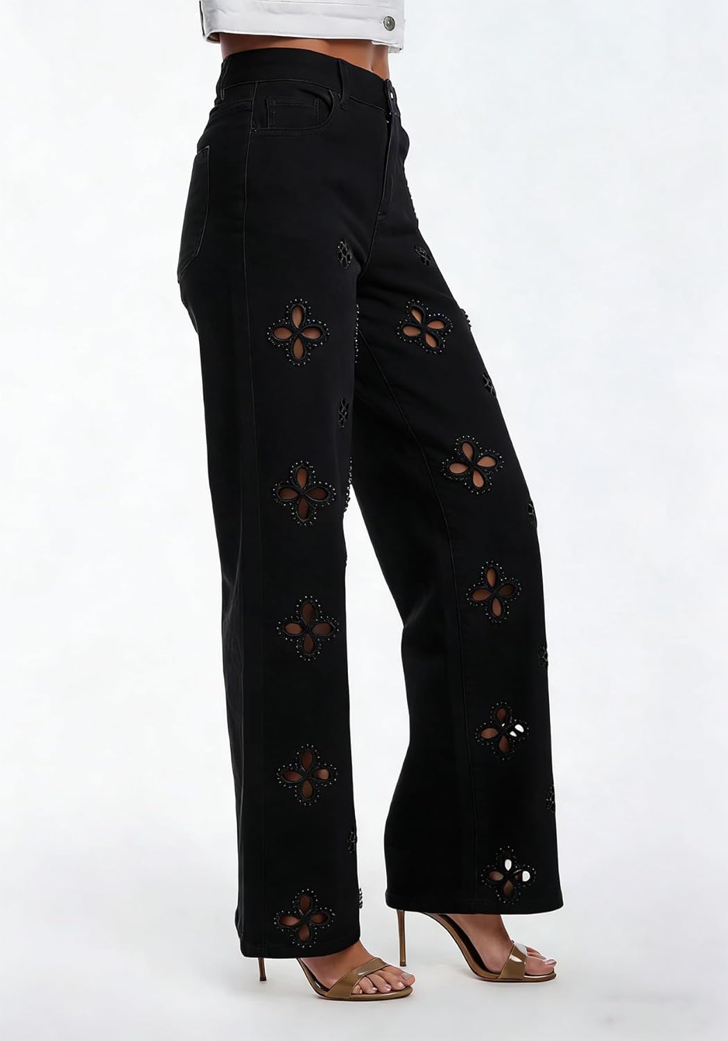 YOOTIKO Women's High Waisted Straight Leg Jeans Trendy Hollow Out Floral Rhinestone Embellished Jeans