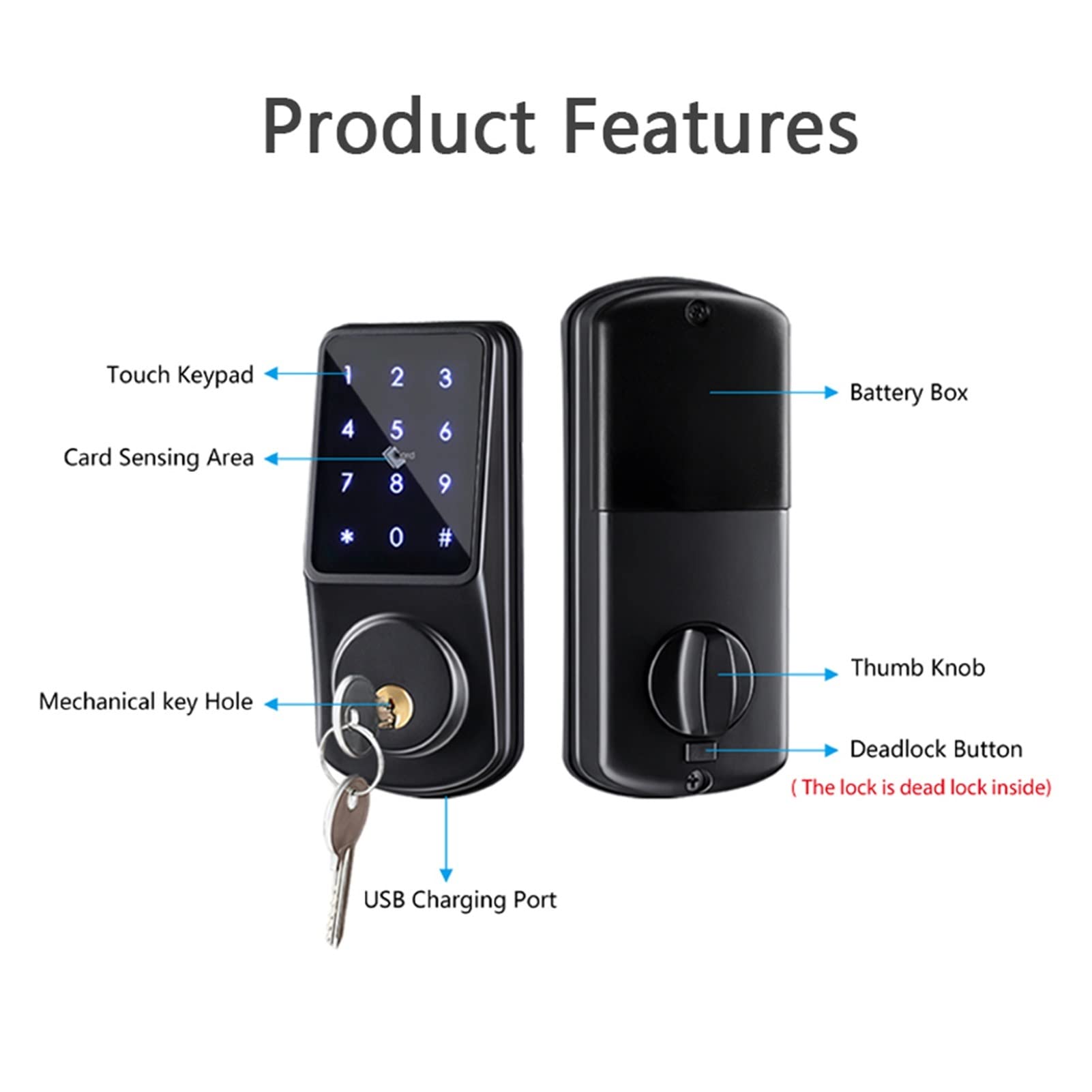 Inteligentny zamek do drzwi, Deadbolt Lock Smart Electronic Door blokuje zdalne odblokowanie App Mądry Ic Karta do domu inteligentnego(Nero)