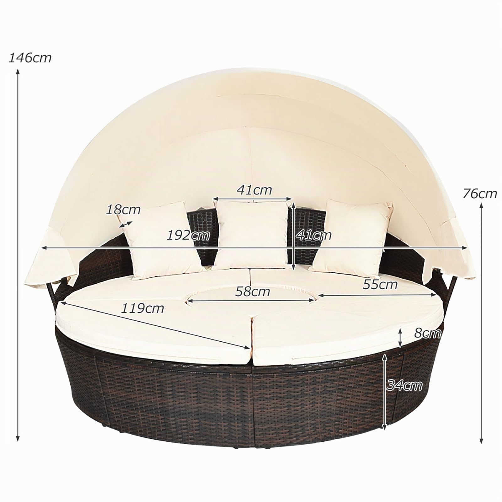 LIFEZEAL Rattan Sonneninsel mit Sonnendach, Gartenliege Sonnenliege mit Kissen, 5-teiliges Lounge Set mit faltbarem Regencover, Gartenlounge Terrassenmöbel bis zu 360 kg (Beige, 192 x 192 x 146 cm)