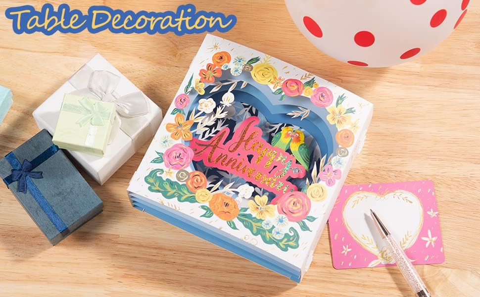 Miniatura 7 de HOMANGA Tarjeta de felicitación de feliz aniversario, tarjeta de aniversario de tortolitos 3D, caja de flores mostrable, tarjeta de aniversario