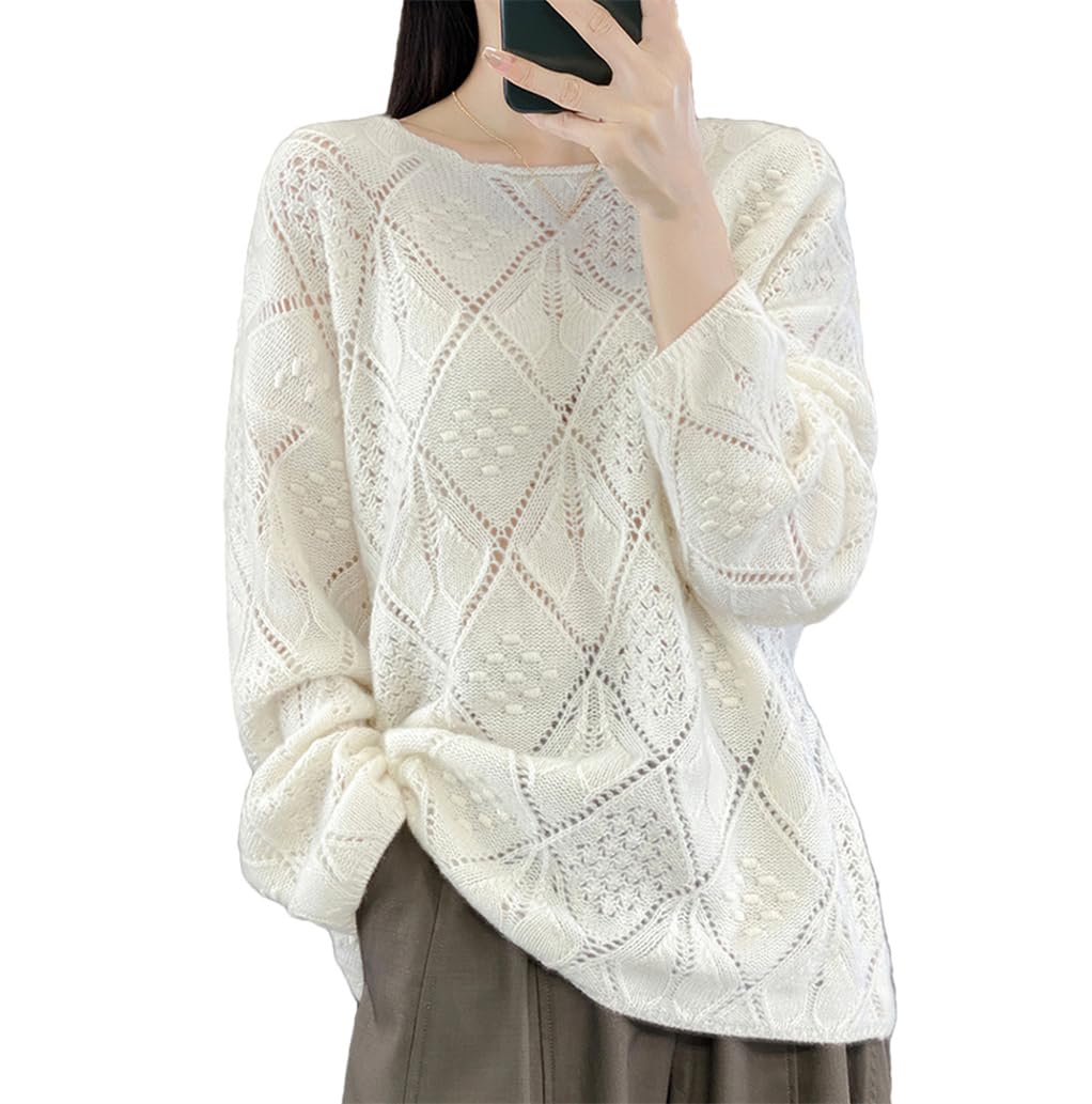 Maglione da donna in lana girocollo a maglia cava pullover sciolto pigro sottile maglioni
