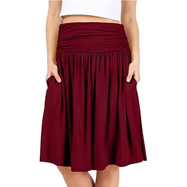 Plus Size Skirts for Women Summer Casual High Waisted Flowy Mid Length Skirt with Pocket Flowy Ruched Comfy