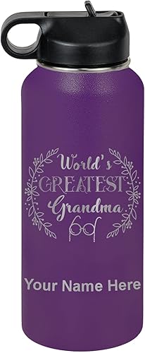 Miniatura 55 de LaserGram Botella de agua personalizada, World's Greatest Grandma, acero inoxidable de doble pared aislada al vacío con popote superior, regalo