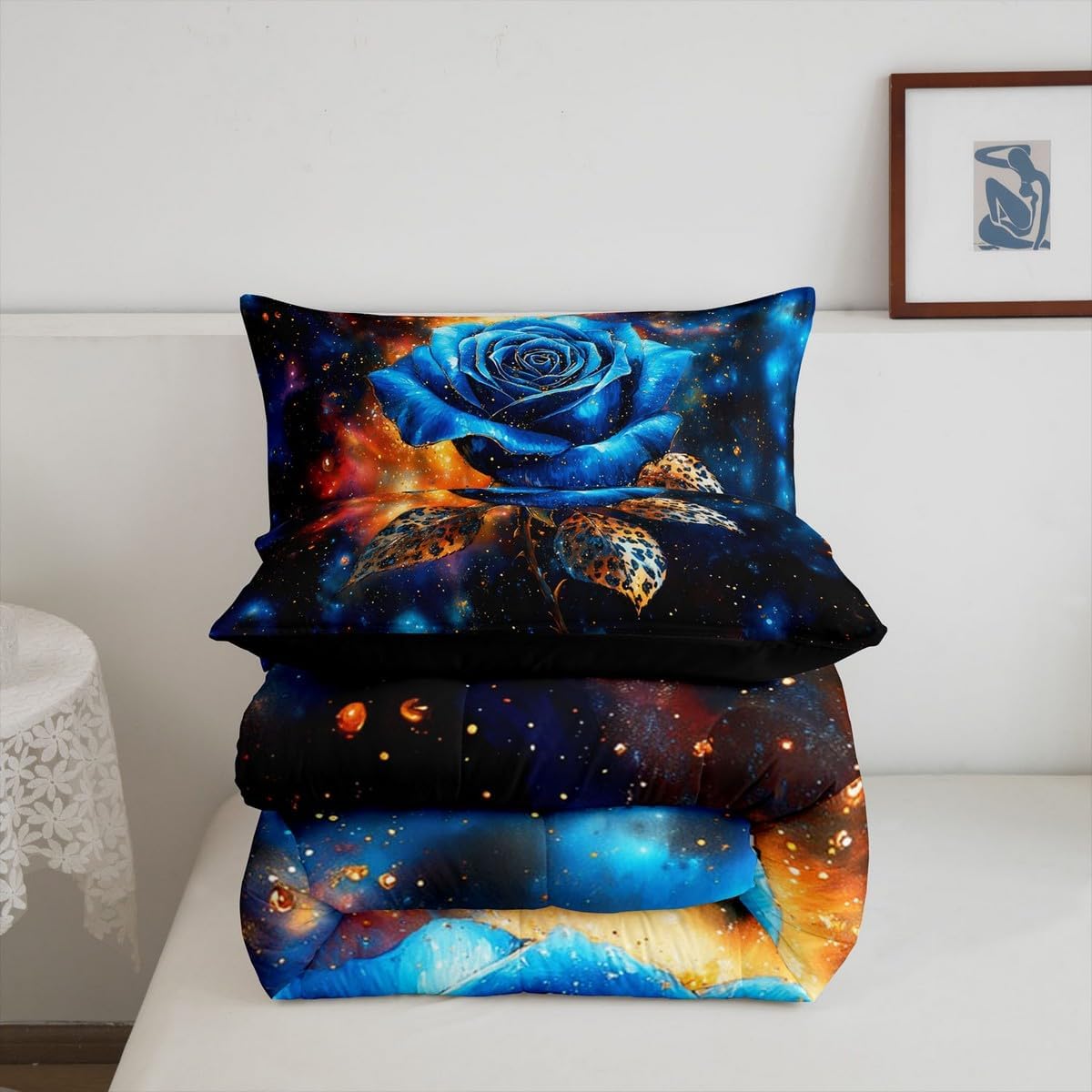 Blue Rose Kids Bedding Sets Romantic Floral Leopard Print Leaves Reversible Comforter for Boys Watercolor Blue Starry Galaxy Quilt Set Soft Duvet Insert,1 Pillowcase Toddler Size