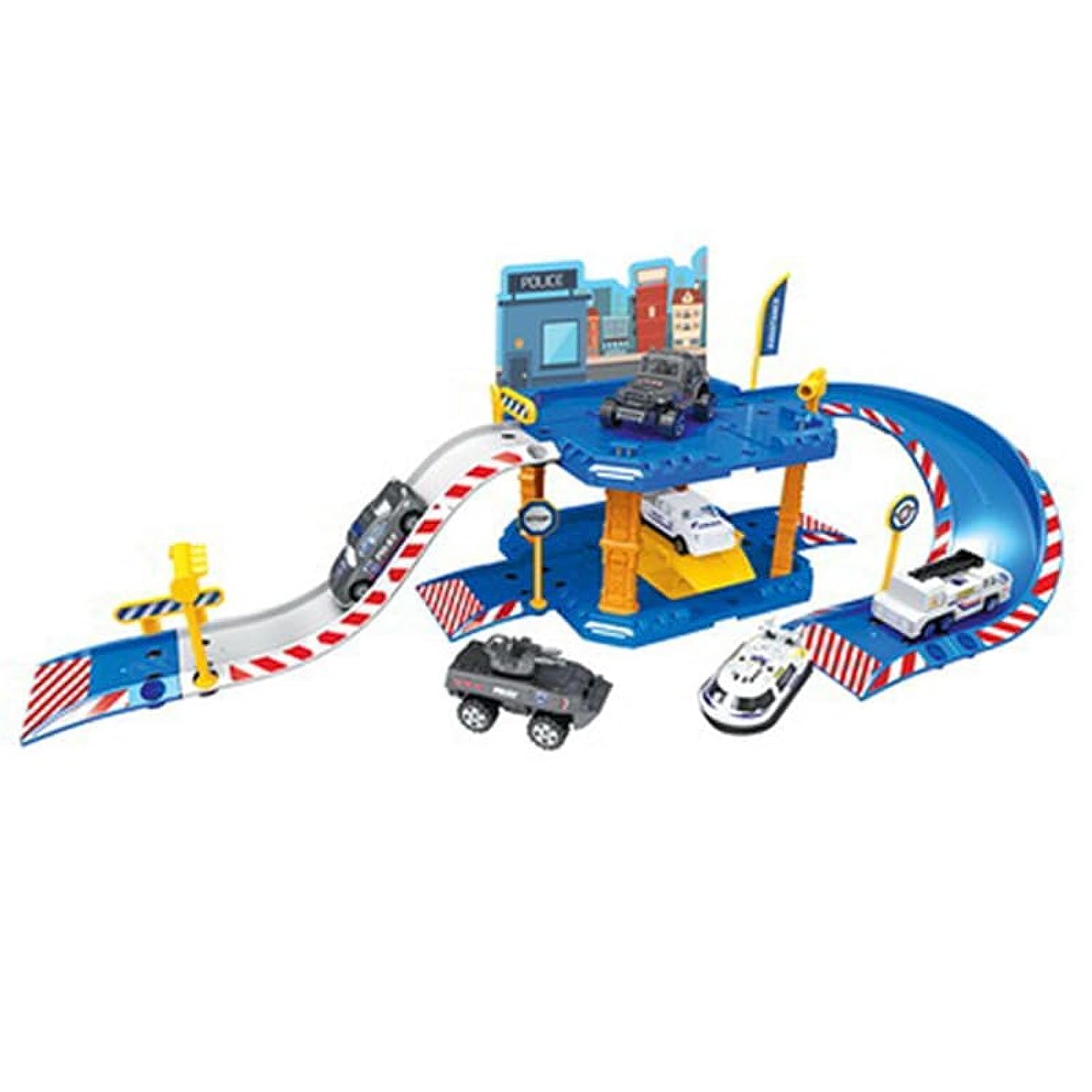 Baybee 40Pcs Police Station Car Parking Set for Boys - Double Circuit Speedway Playset With 5 Police Cars and 1 Ambulance - Storage Parking Lot Track Set - Birthday Gifts for Children 3+ Years