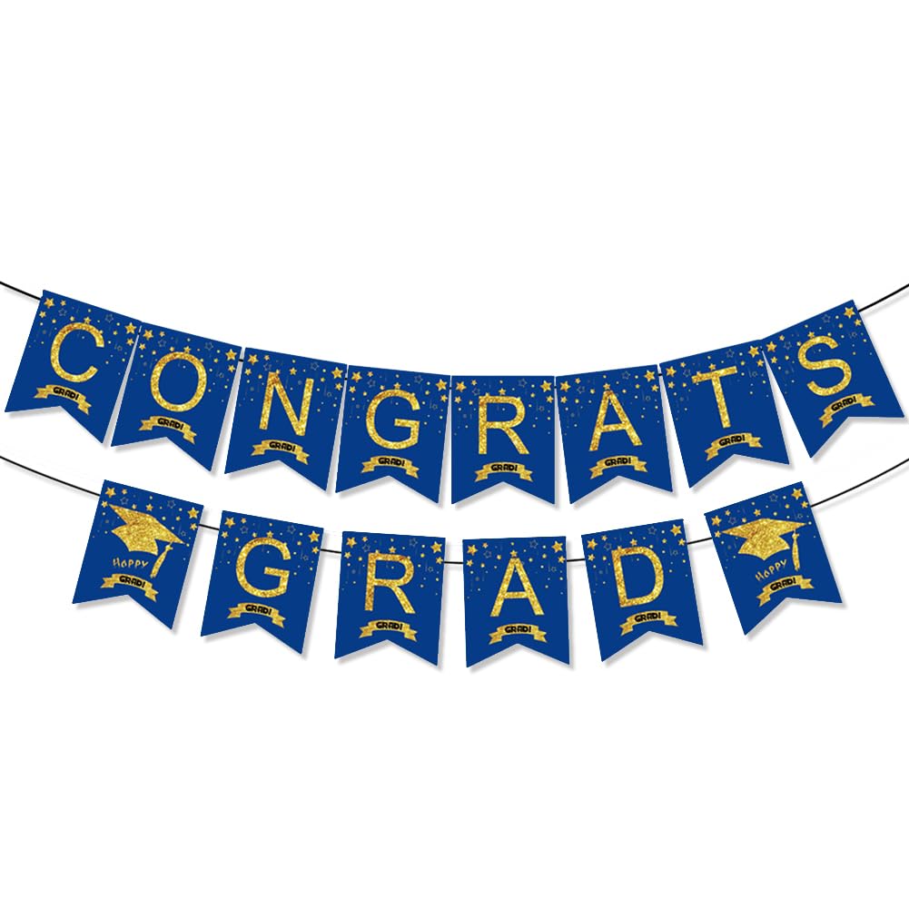 Congrats Grad Banner,Blue and Gold Graduation Hanging Bunting Banner Garland Letter Banner Sign Flag Glitter Grad Cap Garland Party Backdrop for School Class College Graduation Party Supplies