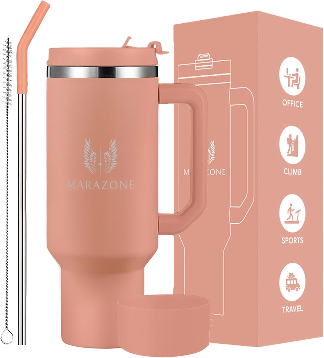 MARAZONE 40oz Stainless Steel Travel Tumbler Cup with Handle, Three-Position Lid, Straw with Silicone Tip, Vacuum Insulated Water Bottle for Hot & Cold Drinks, Great Gift Idea, Sunset