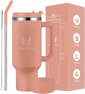 MARAZONE 40oz Stainless Steel Travel Tumbler Cup with Handle, Three-Position Lid, Straw with Silicone Tip, Vacuum Insulated Water Bottle for Hot & Cold Drinks, Great Gift Idea, Sunset