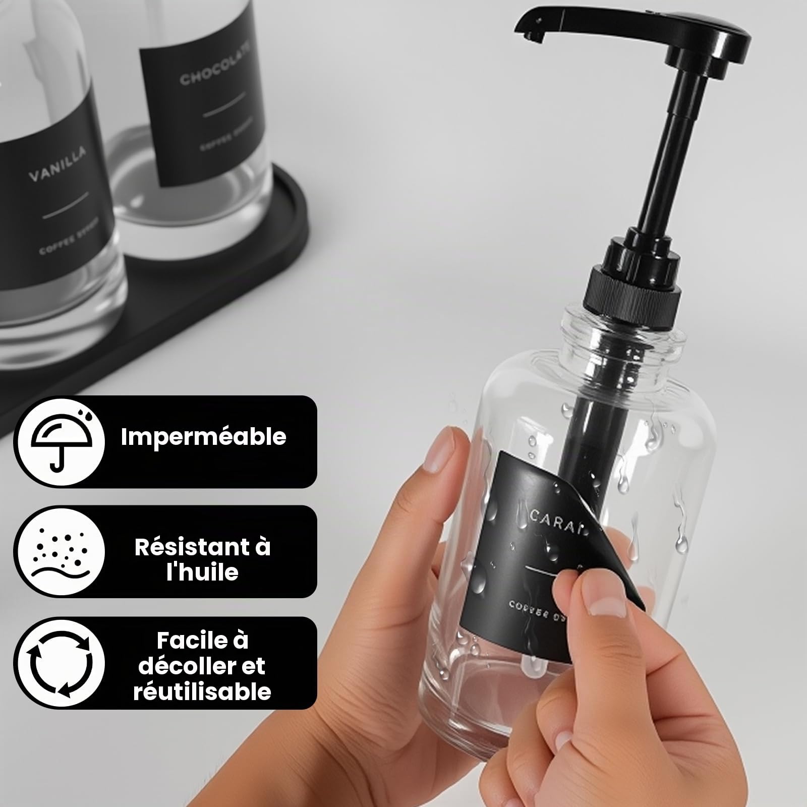 Sunal Lot de 3 distributeurs de sirop en verre avec plateau - Pompe de 0,6 l - Étiquettes et entonnoir étanches - Bouteille pompe à sirop de 500 ml - Pour bar à café et cuisine - Noir