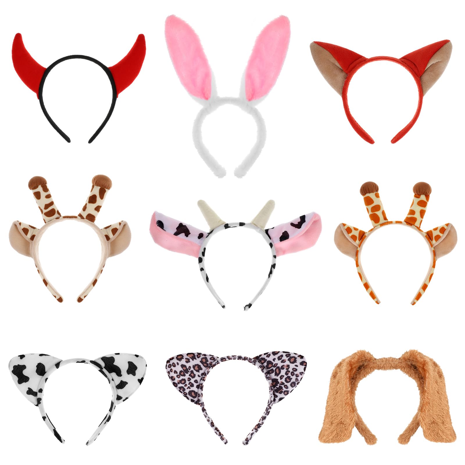 Lurrose 9pcs Animal Ear Headbands Plush Animal Headbands for Kids Adults Birthday Party Favors Costumes Dress-Up Party Supplies
