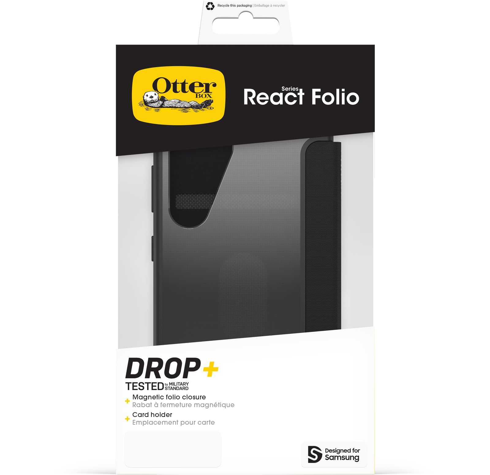 OtterBox Cover React Series Folio per Samsung Galaxy S25, resistente a shock e cadute, slot carte di credito, testata a norme MIL STD 810G, Trasparente/Nero