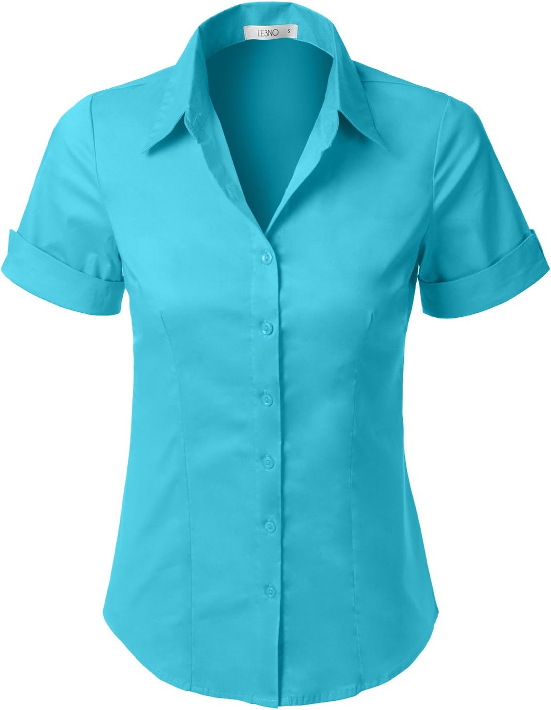 LE3NO Womens Tailored Short Sleeve Button Down Shirt with Stretch