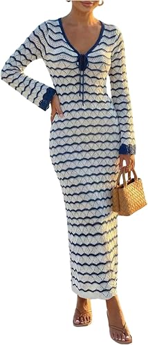 MakeMeChic Women's Crochet Swimsuit Coverup Striped V Neck Tie Front Long Sleeve