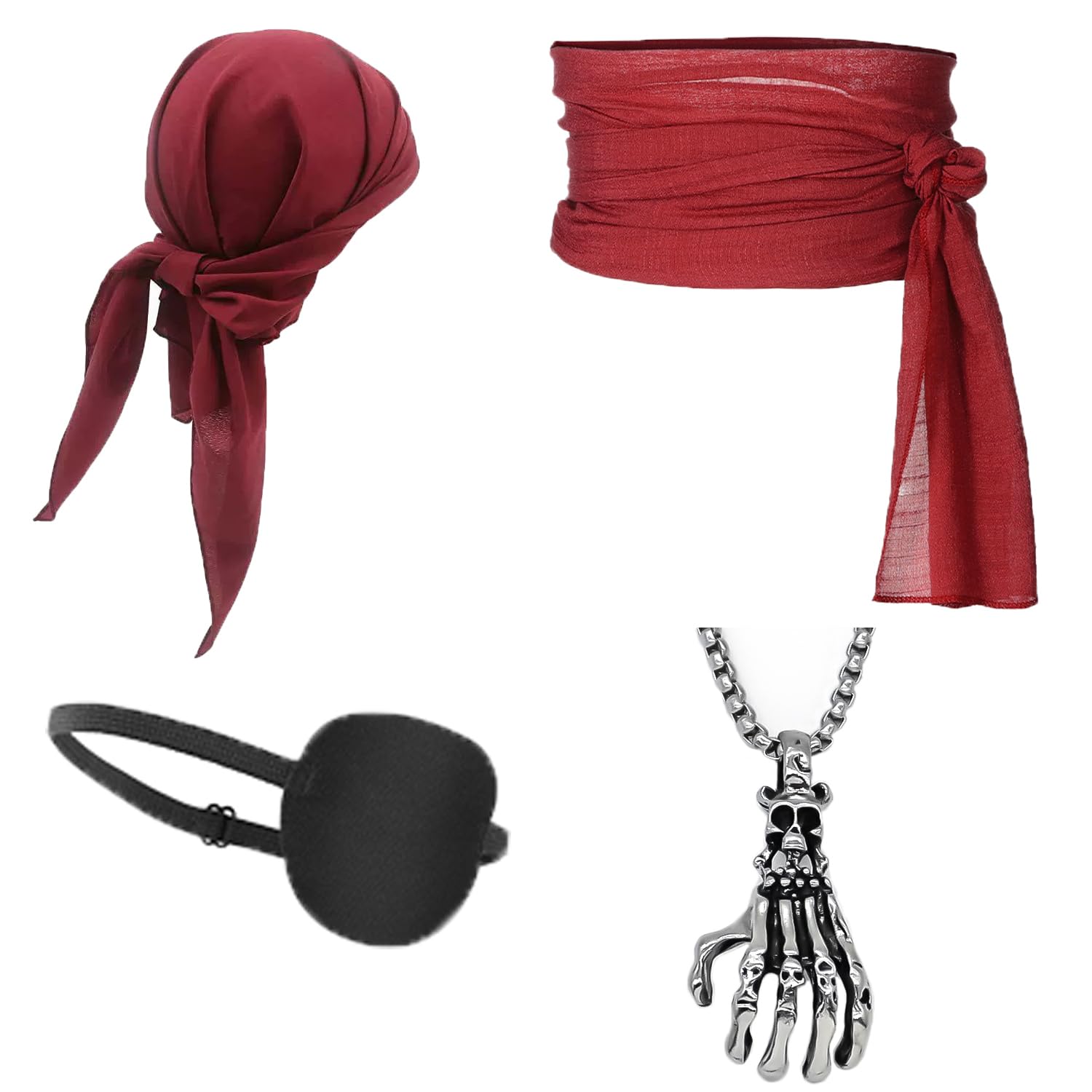 ITODA 4Pcs Medieval Pirate Costume Accessories Retro Pirate Outfit Headscarf Sash Belt Eye Patch Necklace Fancy Dress for Halloween Carnival Pirates Role Play Dress Up Party