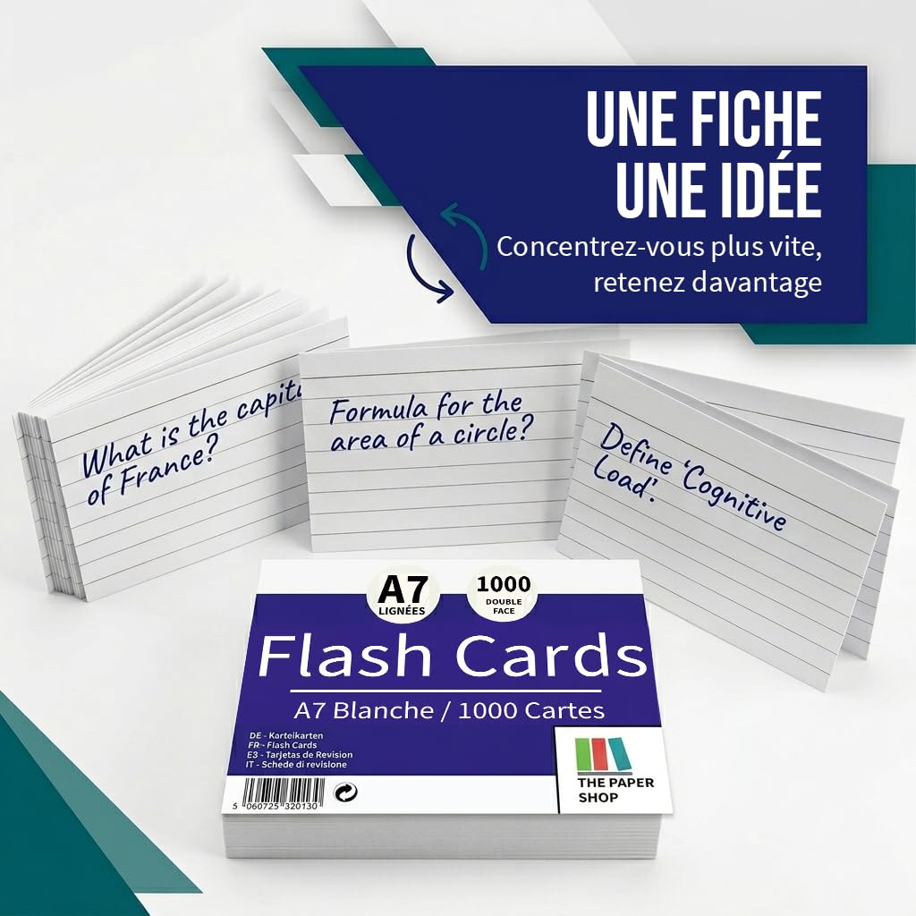 The Paper Shop Fiches Bristol A7 Lignées Blanches | 1000 Fiches de Révision 127 × 76 mm (5 × 3) | Flashcards Index Cards pour École Études Apprentissage Organisation Notes