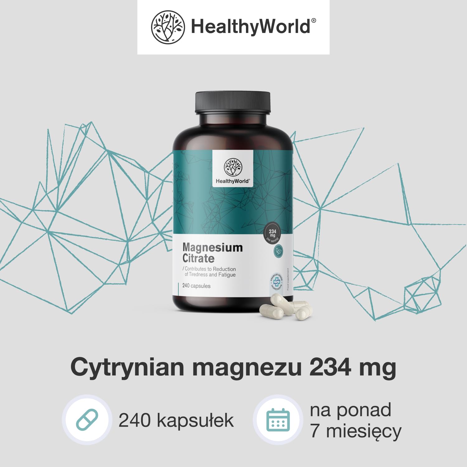 HealthyWorld Cytrynian magnezu 234 mg - 240 Kapsułek Roślinnych - Na ponad 7 Miesięcy - 480 mg Cytrynianu Magnezu i 270 mg Tlenku Magnezu - Na Wsparcie Mięśni i Wzrost Energii