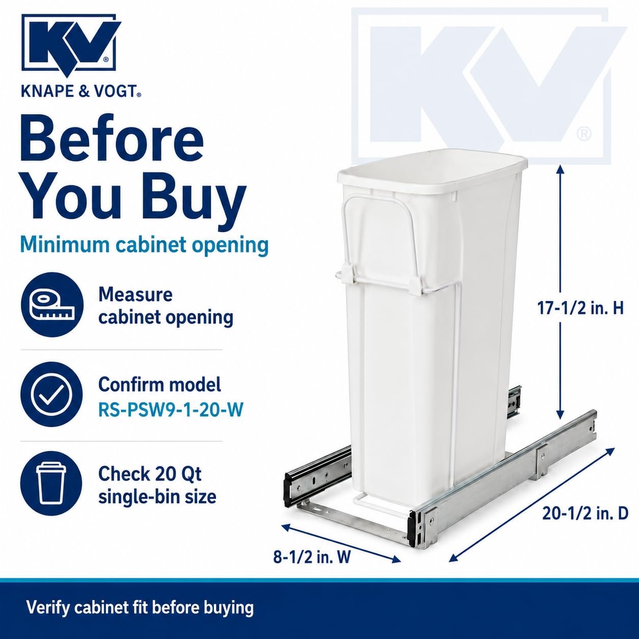 Knape & Vogt RS-PSW9-1-20-W Abfalleimer, 43,2 x 20,3 cm (H x B x T), Stahl, 20 Qt. Einzelner weißer ausziehbarer Mülleimer