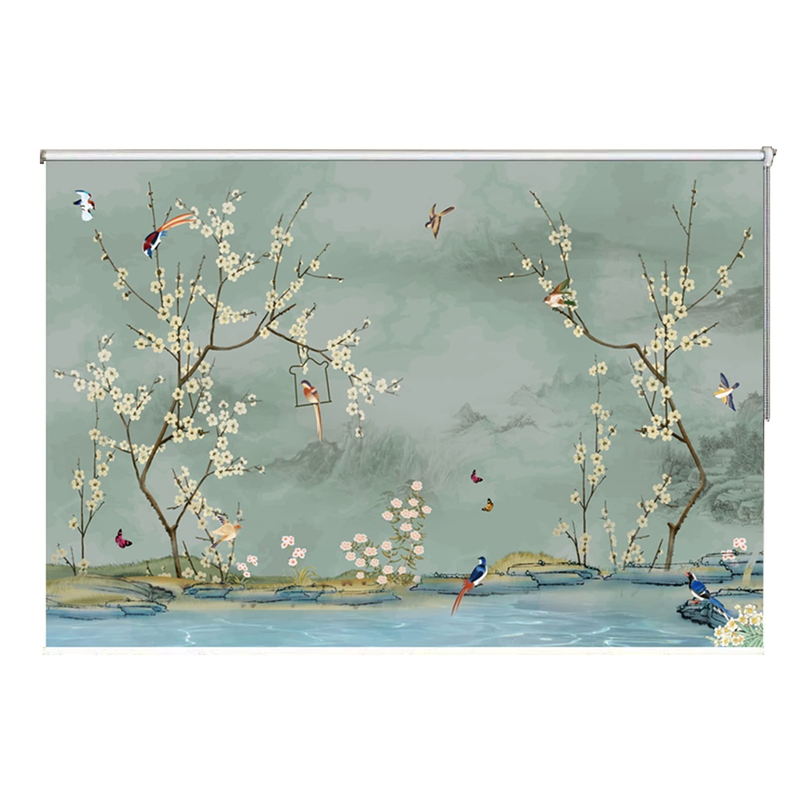 Green Bird Floral Roller Blinds, Noise Reducing Thick Patterned Curtains for Windows - Widths 65-145 cm