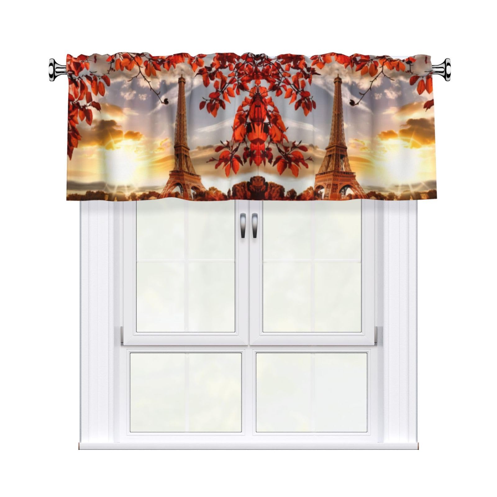 YYHHAOFA Paris Eiffel Tower with Autumn Leaves Prints Durable Kitchen Window Layer – 54x18 Inch 100% Polyester Valance with Precision Construction