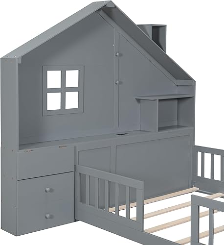 Miniatura 88 de Cama de madera de tamaño individual con cabecero en forma de casa con vallas, altura baja al suelo, para dormitorio de niños y niñas (blanco-01)