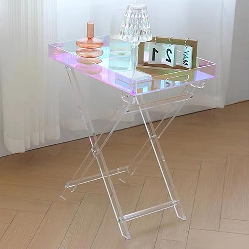 Mesa plegable de acrílico iridiscente, mesa auxiliar de acrílico colorida, mesa de centro cuadrada moderna, mesa de servicio portátil para espacios