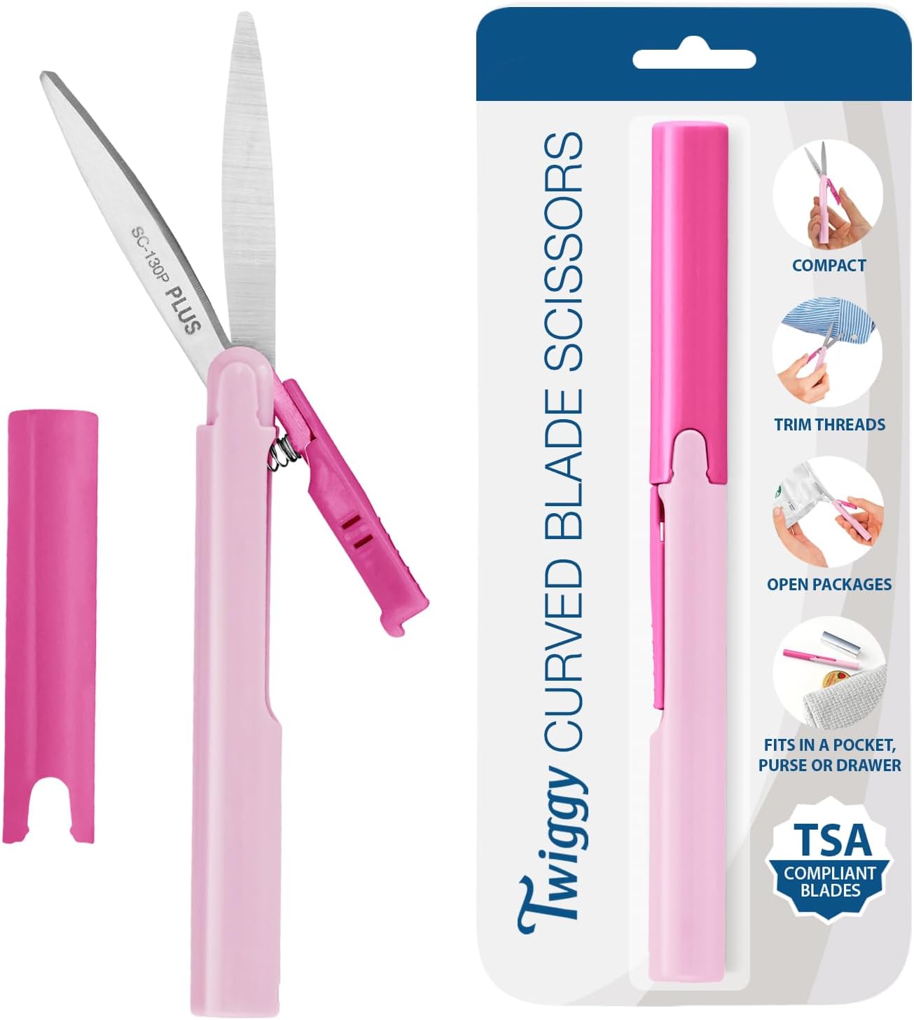 Plus Pen Style Non-Stick Compact TSA Twiggy Scissors with Cover, Pink