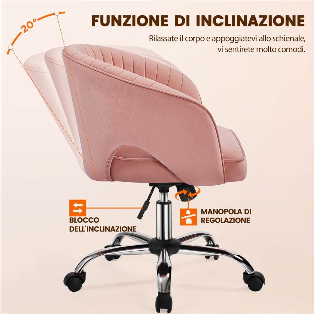 Yaheetech Poltroncina/Sedia da Ufficio Scrivania Ergonomica in Velluto Imbottita a Rotelle Girevole Reclinabile Altezza Regolabile Rosa