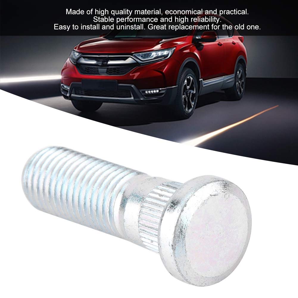 Close-up of wheel stud with text about high quality material