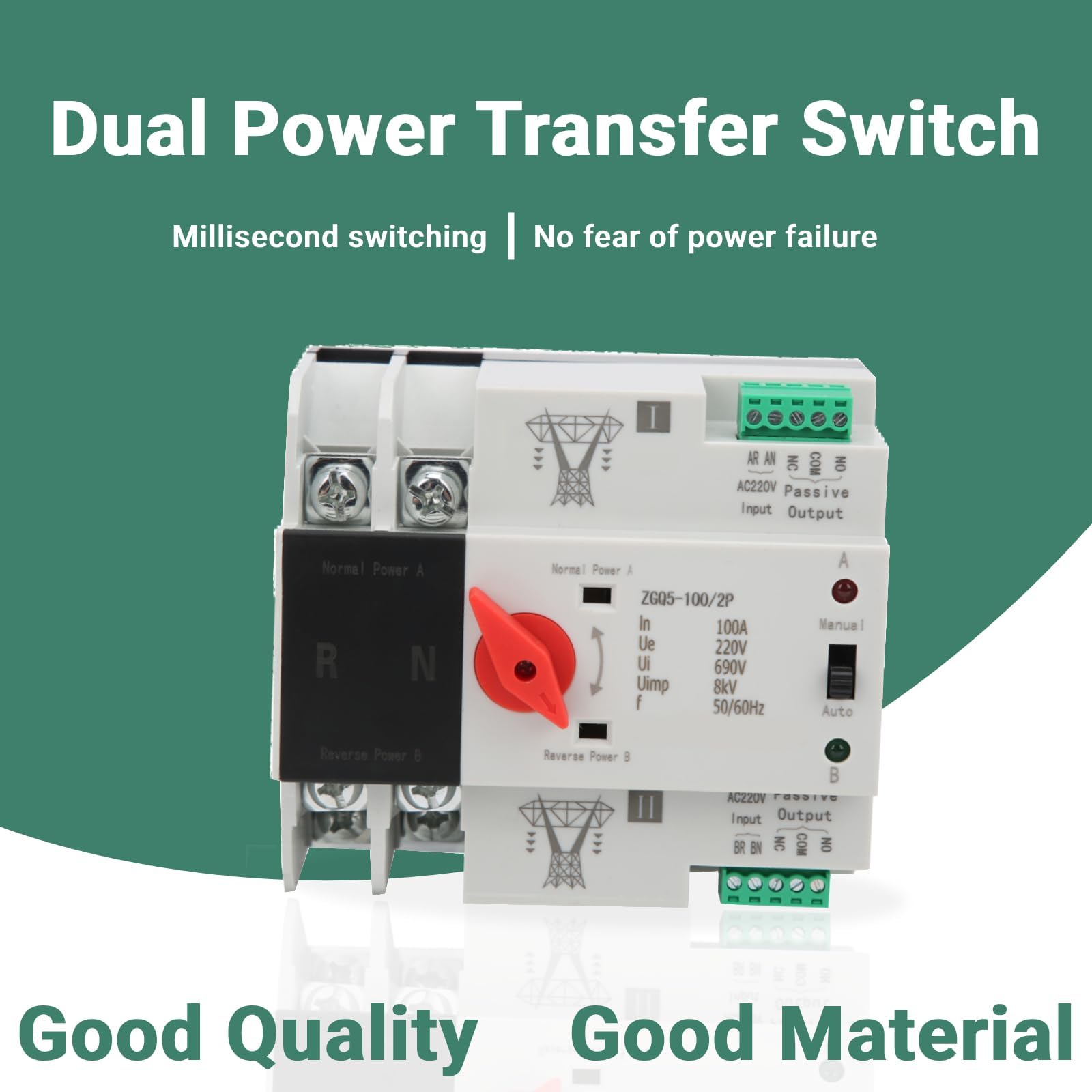 Interruttore di trasferimento, interruttore di trasferimento automatico a doppia potenza, controller di interruttore di trasferimento a 2 vie senza interruzione ZGQ5-100/2P 220V